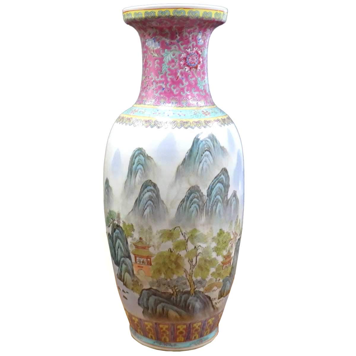 中国 花瓶 薄口 粉彩山水人物 唐物 花生 色絵 陶磁器 景徳鎮 FJ11-4
